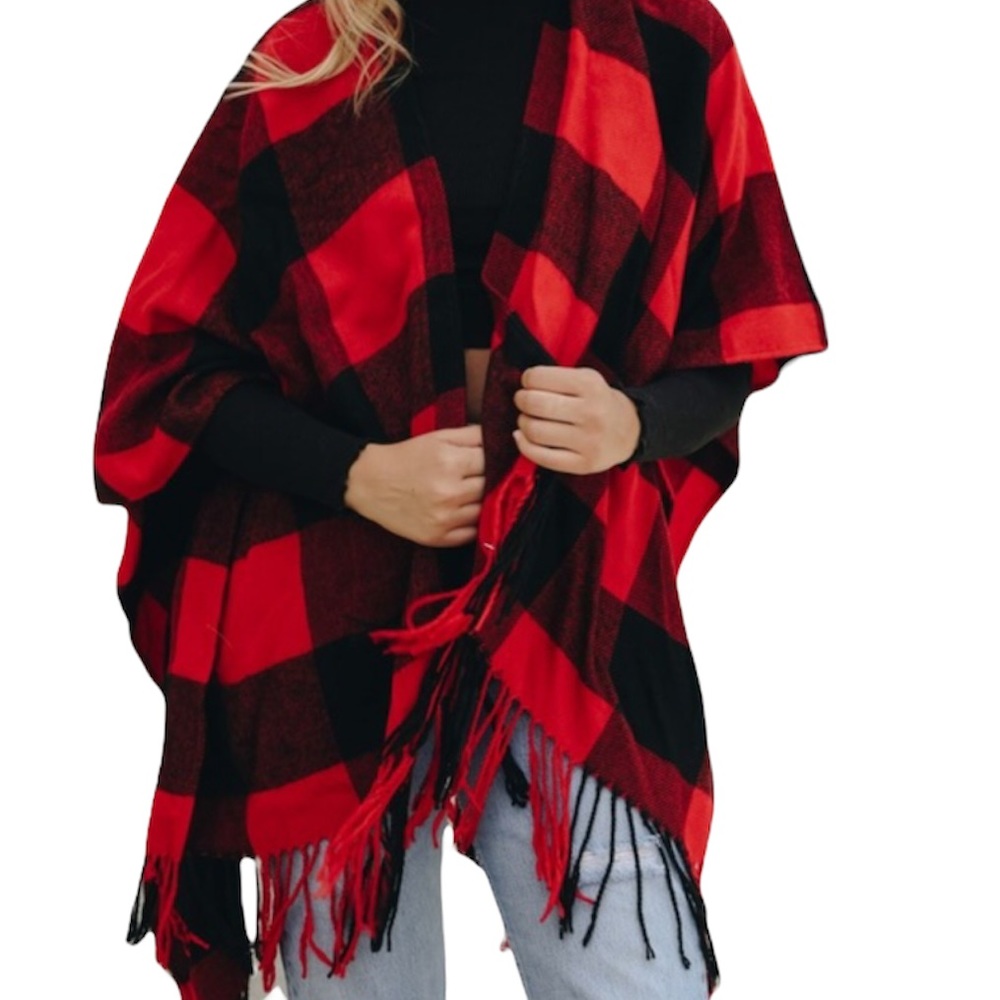 Red & Black Buffalo Check Plaid Print Tassel Cozy Classic Open Shawl Poncho